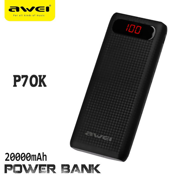 POWER BANKA AWEI 20000 mAh (Vybil se vám mobil uprostřed dlouhého výletu, ale vy ho zrovna potřebujete využít? Pak příště do vašeho batohu přidejte i tuto powerbanku AWEI P70k, která disponuje integrovanou baterií o kapacitě úctyhodných 20 000 mAh.)