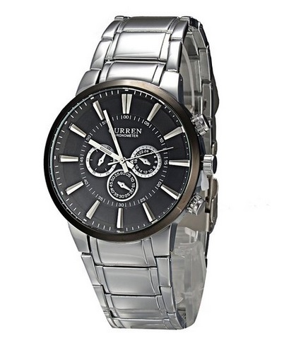HODINKY CURREN 8001 (Elegantní velké pánské hodinky z kvalitní oceli a skla kvalitní zn. Curren. Design je velmi propracovaný, pevný lesklý řemínek z nerez oceli uzavírá velký dobře čitelný černý ciferník se stříbrnými de)